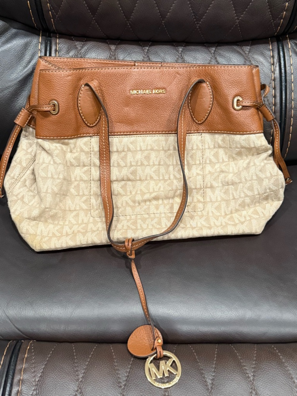 Michael Kors Beige Canvas and Brown Leather Shoulder Bag